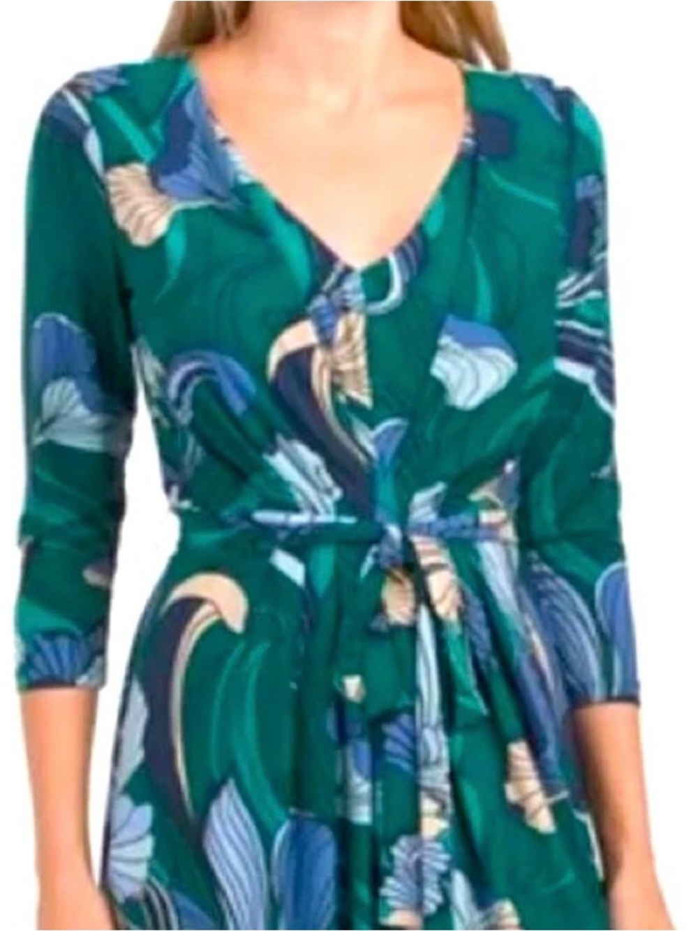 Anne Klein Green Floral V-Neck Tie-Waist Dress